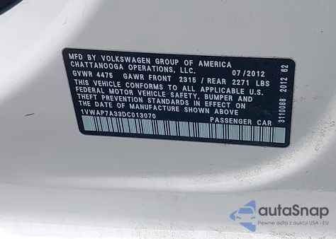 2013 Volkswagen Passat 2.5L S from USA, damaged, VIN 1VWAP7A33DC013070
